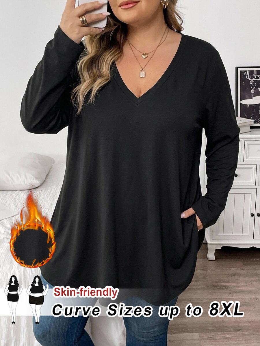 SHEIN CURVE+ Kaos Kasual Lengan Panjang Leher V Warna Polos Ukuran Plus Musim Gugur - Hitam - View 1