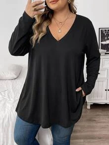 SHEIN CURVE+ Kaos Kasual Lengan Panjang Leher V Warna Polos Ukuran Plus Musim Gugur - Hitam - View 10