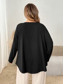 SHEIN CURVE+ Kaos Kasual Lengan Panjang Leher V Warna Polos Ukuran Plus Musim Gugur - Hitam - View 9