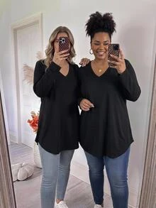 SHEIN CURVE+ Kaos Kasual Lengan Panjang Leher V Warna Polos Ukuran Plus Musim Gugur - Hitam - View 7