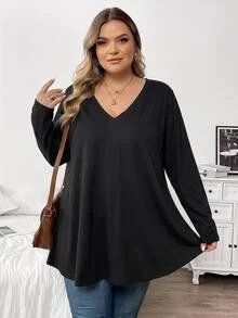 SHEIN CURVE+ Kaos Kasual Lengan Panjang Leher V Warna Polos Ukuran Plus Musim Gugur - Hitam - View 8