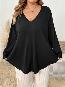 SHEIN CURVE+ Kaos Kasual Lengan Panjang Leher V Warna Polos Ukuran Plus Musim Gugur - Hitam - View 6