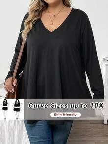 SHEIN CURVE+ Kaos Kasual Lengan Panjang Leher V Warna Polos Ukuran Plus Musim Gugur - Hitam - View 2