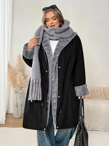 SHEIN CURVE+ Jaket Musim Dingin Kasual Wanita Ukuran Besar Lengan Panjang Berkerudung dengan Pinggang Terikat - Hitam - View 3