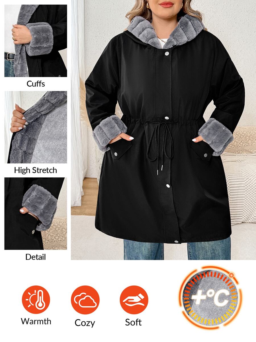 SHEIN CURVE+ Jaket Musim Dingin Kasual Wanita Ukuran Besar Lengan Panjang Berkerudung dengan Pinggang Terikat - Hitam - View 1