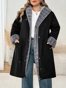 SHEIN CURVE+ Jaket Musim Dingin Kasual Wanita Ukuran Besar Lengan Panjang Berkerudung dengan Pinggang Terikat - Hitam - View 4