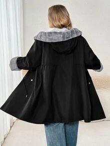 SHEIN CURVE+ Jaket Musim Dingin Kasual Wanita Ukuran Besar Lengan Panjang Berkerudung dengan Pinggang Terikat - Hitam - View 2