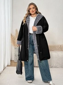 SHEIN CURVE+ Jaket Musim Dingin Kasual Wanita Ukuran Besar Lengan Panjang Berkerudung dengan Pinggang Terikat - Hitam - View 6