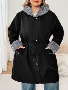 SHEIN CURVE+ Jaket Musim Dingin Kasual Wanita Ukuran Besar Lengan Panjang Berkerudung dengan Pinggang Terikat - Hitam - View 9