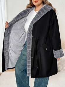 SHEIN CURVE+ Jaket Musim Dingin Kasual Wanita Ukuran Besar Lengan Panjang Berkerudung dengan Pinggang Terikat - Hitam - View 10