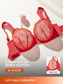 LUVLETTE Plus Full Coverage Breathable Underwire Sexy Unlined Sequined Glam Floral Lace Elegance Lingerie Lounge Curve Ntimates Minimizer Red Bra - Red - View 11