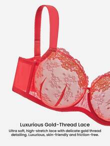 LUVLETTE Plus Full Coverage Breathable Underwire Sexy Unlined Sequined Glam Floral Lace Elegance Lingerie Lounge Curve Ntimates Minimizer Red Bra - Red - View 6