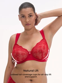 LUVLETTE Plus Full Coverage Breathable Underwire Sexy Unlined Sequined Glam Floral Lace Elegance Lingerie Lounge Curve Ntimates Minimizer Red Bra - Red - View 3