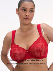 LUVLETTE Plus Full Coverage Breathable Underwire Sexy Unlined Sequined Glam Floral Lace Elegance Lingerie Lounge Curve Ntimates Minimizer Red Bra - Red - View 5