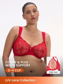 LUVLETTE Plus Full Coverage Breathable Underwire Sexy Unlined Sequined Glam Floral Lace Elegance Lingerie Lounge Curve Ntimates Minimizer Red Bra - Red - View 1