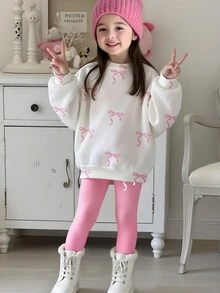 (1套)Tween女孩返校季秋冬休閒舒適清新粉色與白色蝴蝶結圖案圓領衛衣＋粉色內搭褲套裝 - 彩色 - 查看 3
