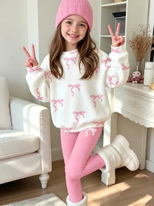 (1套)Tween女孩返校季秋冬休閒舒適清新粉色與白色蝴蝶結圖案圓領衛衣＋粉色內搭褲套裝 - 彩色 - 查看 1