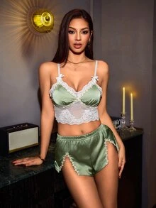 SilkySpell Satin Contrast Lace Split Sexy Sheer Women's Pajama Set - Multicolor - View 6