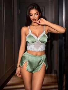 SilkySpell Satin Contrast Lace Split Sexy Sheer Women's Pajama Set - Multicolor - View 4