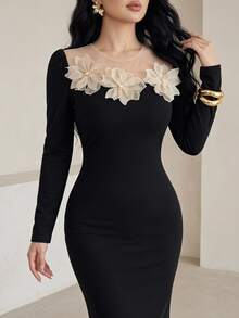 Feyla Women's 3D Floral Decor Casual Party Dress - Black - View 2