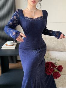 Feyla Women's Elegant Party Lace Patchwork Mermaid Long Dress - Royal Blue - View 7
