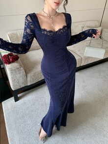 Feyla Women's Elegant Party Lace Patchwork Mermaid Long Dress - Royal Blue - View 5