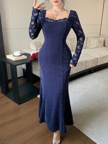 Feyla Women's Elegant Party Lace Patchwork Mermaid Long Dress - Royal Blue - View 6