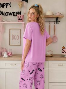 SweetSlumber Sweet Cute Halloween Ghost BOOM Letter Print Comfortable Crew Neck Loose Knit Women's Pajama Set - Multicolor - View 4