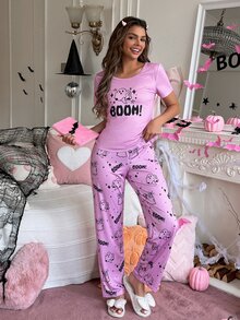 SweetSlumber Sweet Cute Halloween Ghost BOOM Letter Print Comfortable Crew Neck Loose Knit Women's Pajama Set - Multicolor - View 9