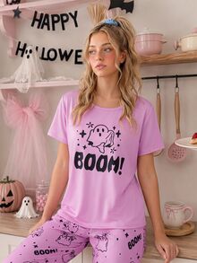 SweetSlumber Sweet Cute Halloween Ghost BOOM Letter Print Comfortable Crew Neck Loose Knit Women's Pajama Set - Multicolor - View 6