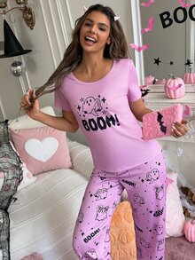 SweetSlumber Sweet Cute Halloween Ghost BOOM Letter Print Comfortable Crew Neck Loose Knit Women's Pajama Set - Multicolor - View 10