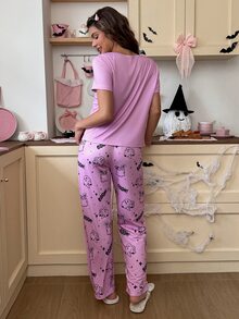 SweetSlumber Sweet Cute Halloween Ghost BOOM Letter Print Comfortable Crew Neck Loose Knit Women's Pajama Set - Multicolor - View 12