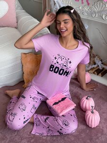 SweetSlumber Sweet Cute Halloween Ghost BOOM Letter Print Comfortable Crew Neck Loose Knit Women's Pajama Set - Multicolor - View 11