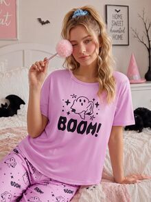 SweetSlumber Sweet Cute Halloween Ghost BOOM Letter Print Comfortable Crew Neck Loose Knit Women's Pajama Set - Multicolor - View 3
