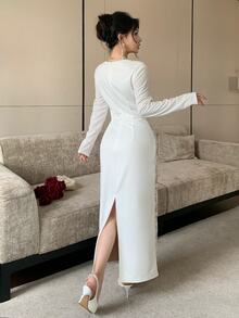 Feyla Women's Lace Patchwork Elegant Waist-Cinching Mid-Length Party Dress - White - View 3