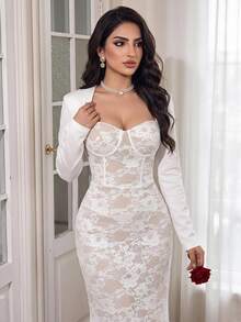 Feyla Women's Lace Patchwork Elegant Waist-Cinching Mid-Length Party Dress - White - View 2
