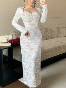 Feyla Women's Lace Patchwork Elegant Waist-Cinching Mid-Length Party Dress - White - View 4