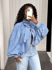 SHEIN PETITE Women's Batwing Long Sleeve Bow Decor Split Design Denim Top - Light Wash - View 4