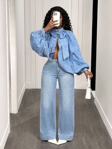SHEIN PETITE Women's Batwing Long Sleeve Bow Decor Split Design Denim Top - Light Wash - View 6