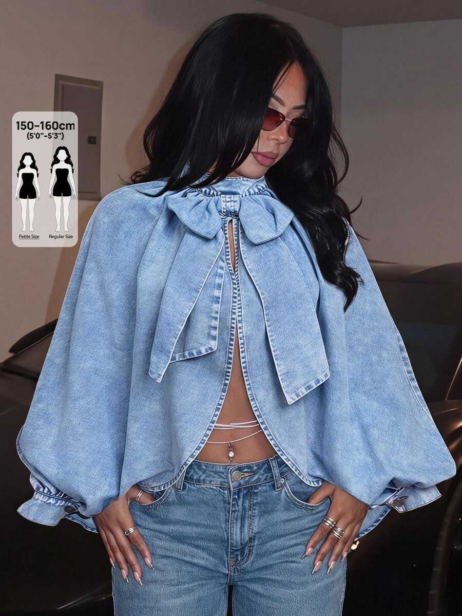 SHEIN PETITE Women's Batwing Long Sleeve Bow Decor Split Design Denim Top - Light Wash - View 1