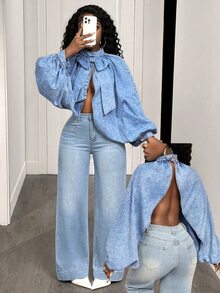 SHEIN PETITE Women's Batwing Long Sleeve Bow Decor Split Design Denim Top - Light Wash - View 9