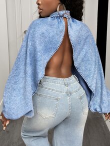SHEIN PETITE Women's Batwing Long Sleeve Bow Decor Split Design Denim Top - Light Wash - View 2