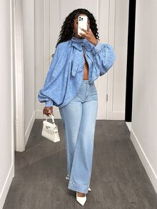 SHEIN PETITE Women's Batwing Long Sleeve Bow Decor Split Design Denim Top - Light Wash - View 5