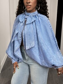 SHEIN PETITE Women's Batwing Long Sleeve Bow Decor Split Design Denim Top - Light Wash - View 7