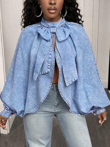 SHEIN PETITE Women's Batwing Long Sleeve Bow Decor Split Design Denim Top - Light Wash - View 8
