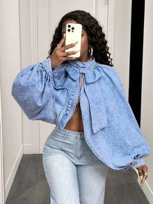 SHEIN PETITE Women's Batwing Long Sleeve Bow Decor Split Design Denim Top - Light Wash - View 3