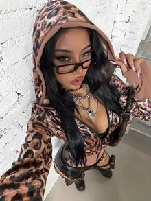 EgrlEra Women's Y2K Vintage Leopard Print Hooded Slim Fit Sweatshirt Jacket - Multicolor - View 3