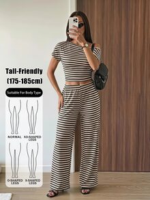 SHEIN Tall Setelan Atasan Lengan Pendek Bergaris Cokelat Kopi dengan Bahu Asimetris dan Celana Pendek Pinggang Rendah untuk Wanita Tinggi - Coffee Brown - View 7