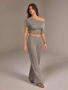 SHEIN Tall Setelan Atasan Lengan Pendek Bergaris Cokelat Kopi dengan Bahu Asimetris dan Celana Pendek Pinggang Rendah untuk Wanita Tinggi - Coffee Brown - View 8
