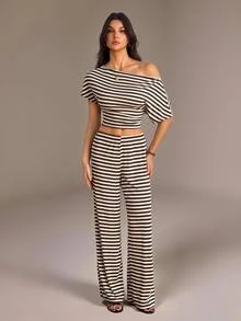 SHEIN Tall Setelan Atasan Lengan Pendek Bergaris Cokelat Kopi dengan Bahu Asimetris dan Celana Pendek Pinggang Rendah untuk Wanita Tinggi - Coffee Brown - View 6